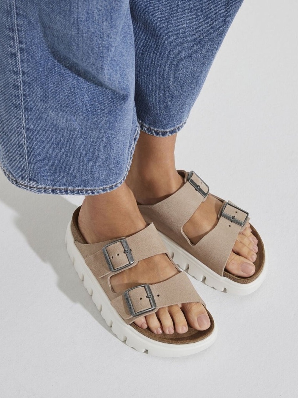 Birkenstock Arizona Beige Double-Buckle Platform Slide Sandals